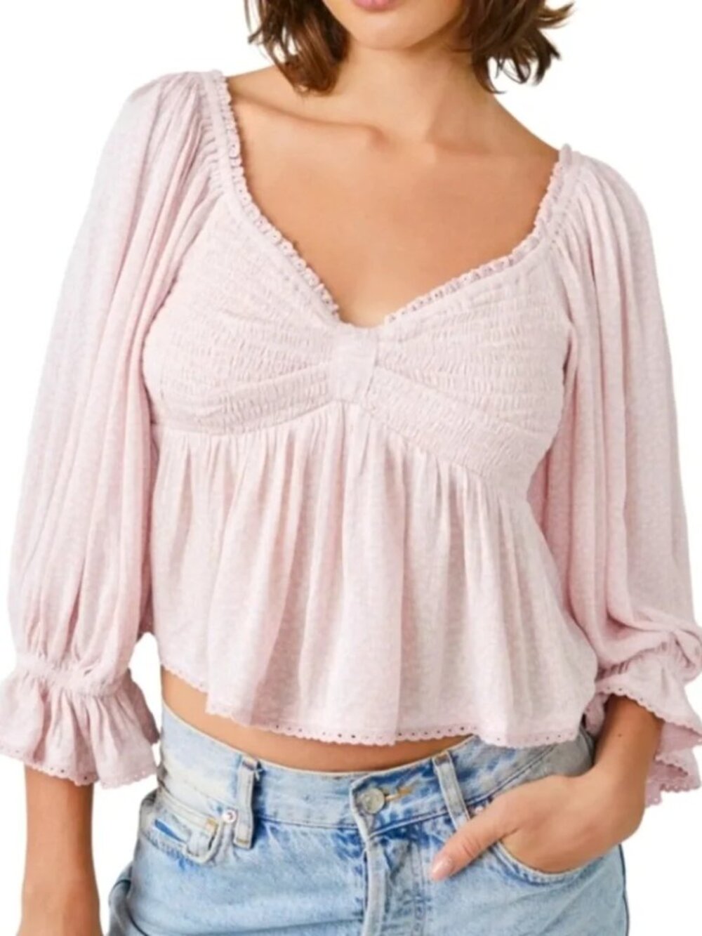 Free People Brittnee Ditzy Top Floral Print Smocked Peplum Shirt Pink Size Large